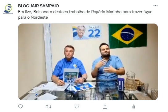 Em live Bolsonaro destaca trabalho de Rogério Marinho para trazer água